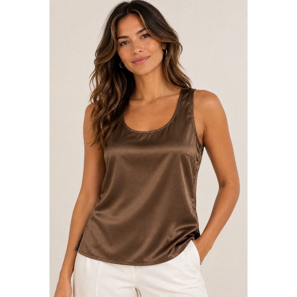 Citron Santa Monica Silk Tank Top Brown Sleeveless Satin Scoop Neck Large